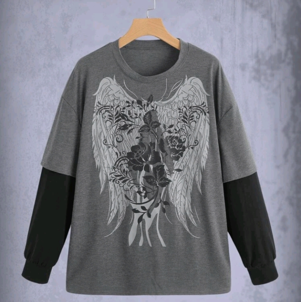 NWOT, Graphic Print Long Sleeve Tee, Grey, Size Small